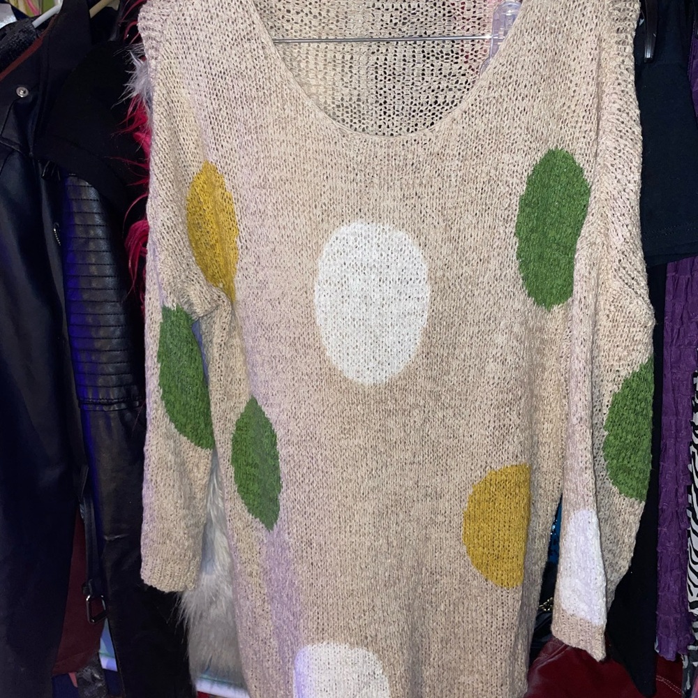 Blue Bird Polka Dot Sweater - Beige, Green, Yellow